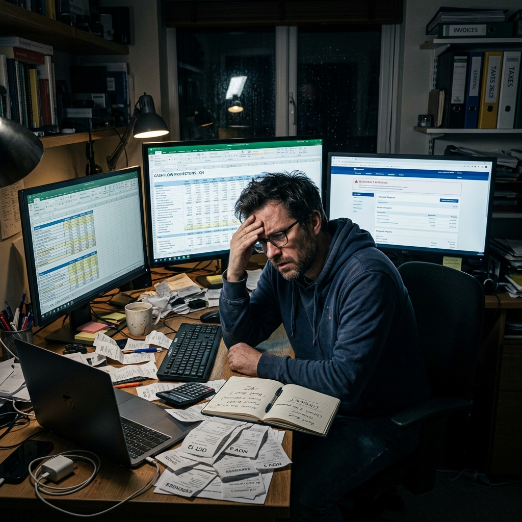 Stressed freelancer working late